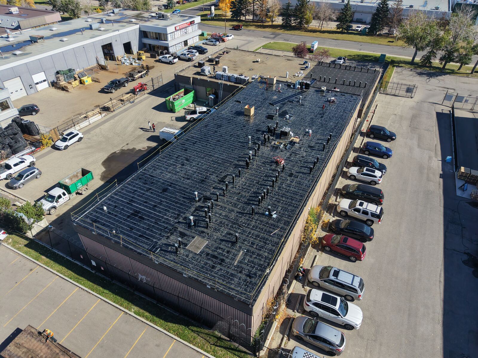 Aerial view of a new flat roof on a Calgary warehouse