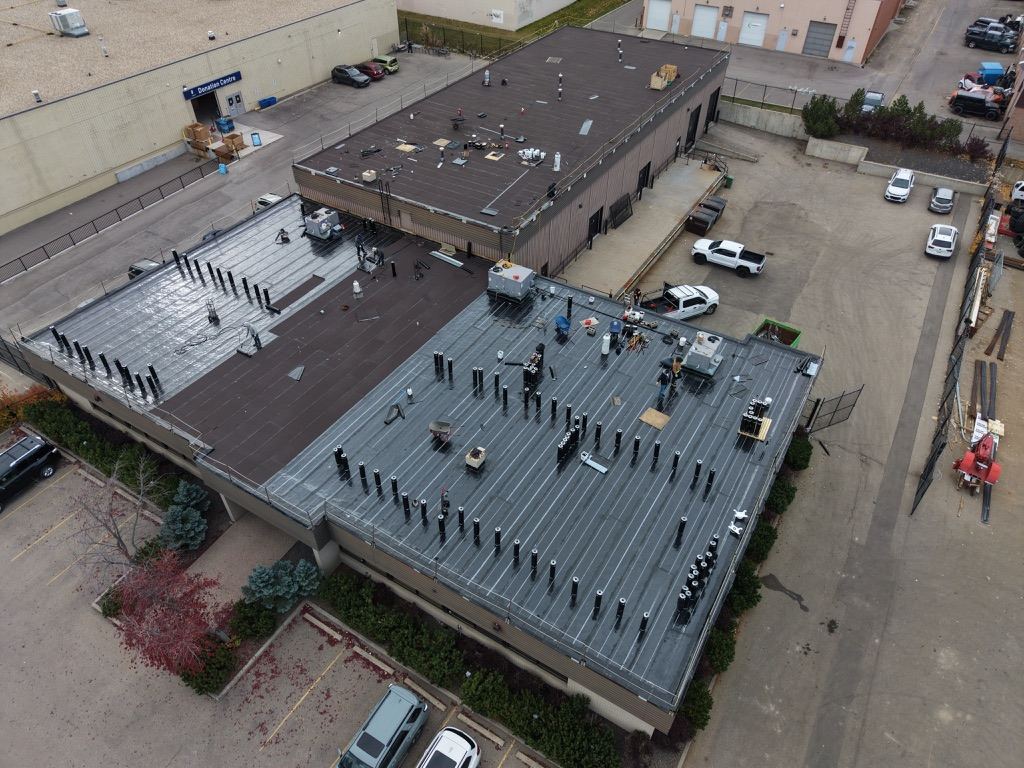 Aerial view of a commercial complex roof