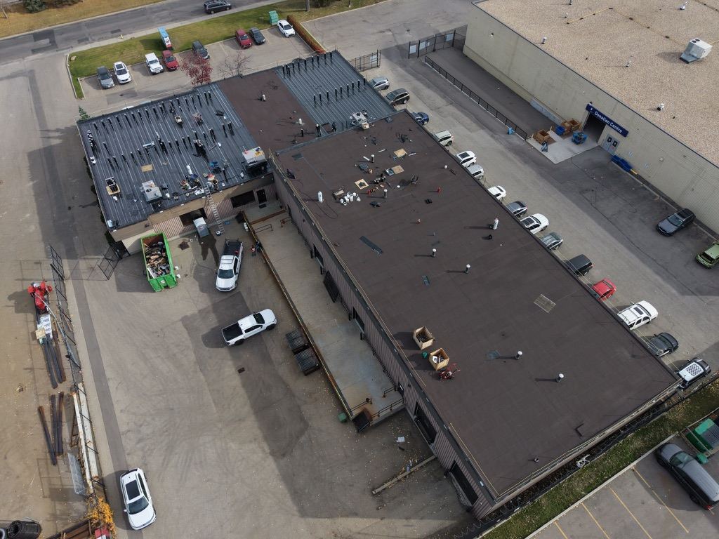 Aerial view of a finished industrial building roof
