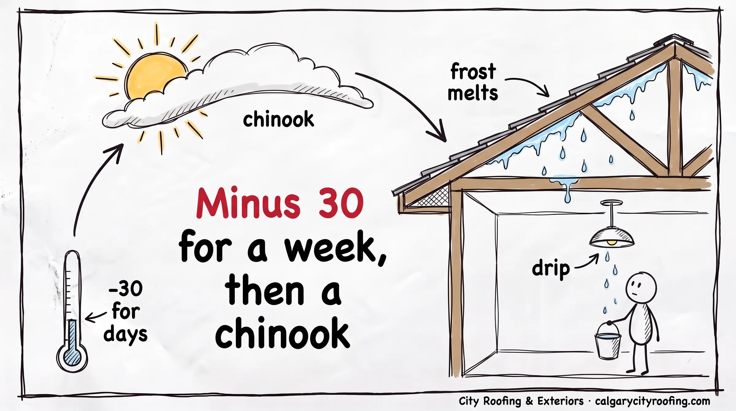 Thermometer at minus 30 jumping to a chinook as attic frost melts and drips