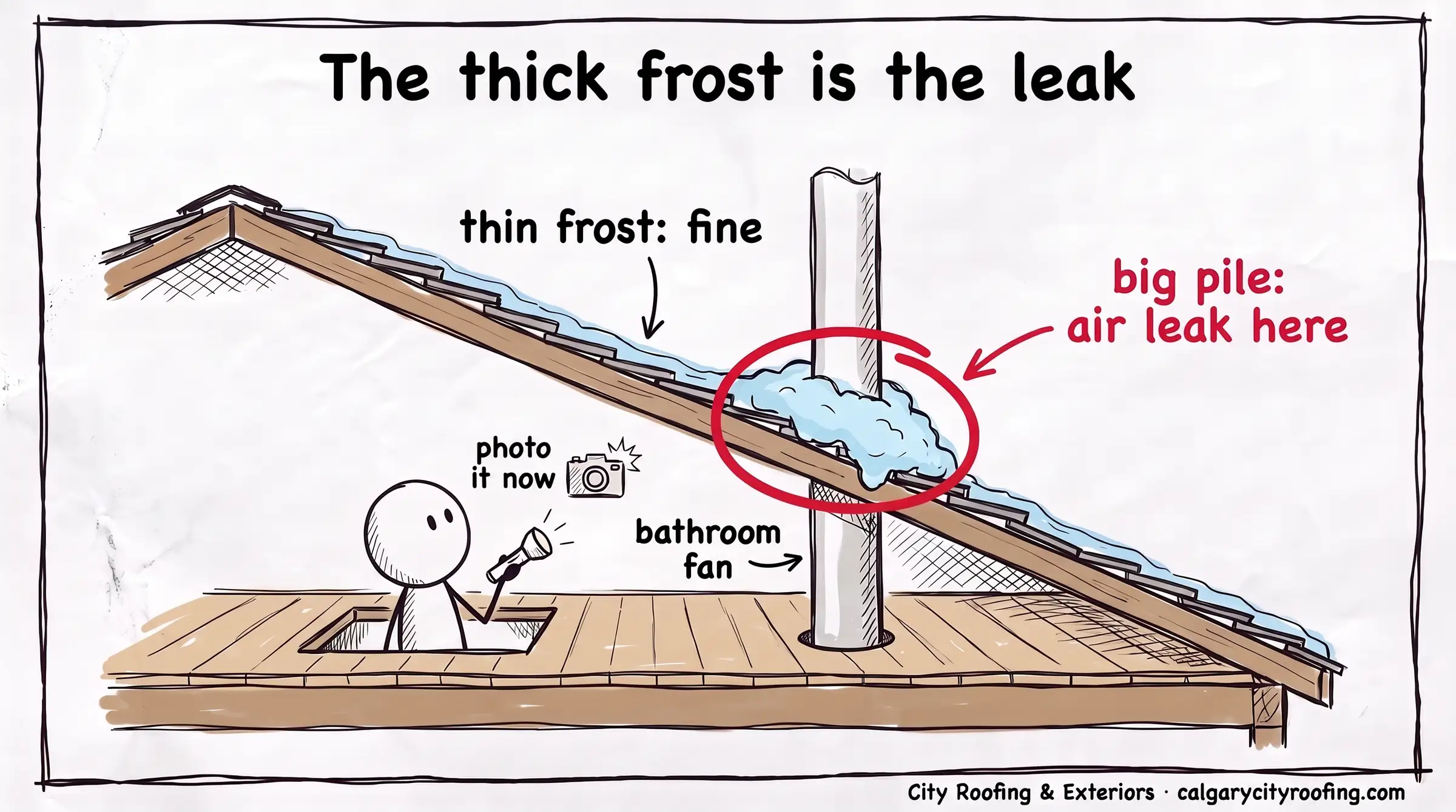 Attic with thin frost on the roof deck and a thick pile over a bathroom fan pipe