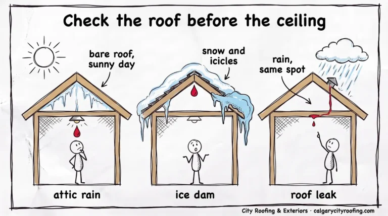 Three houses comparing attic rain, an ice dam and a roof leak