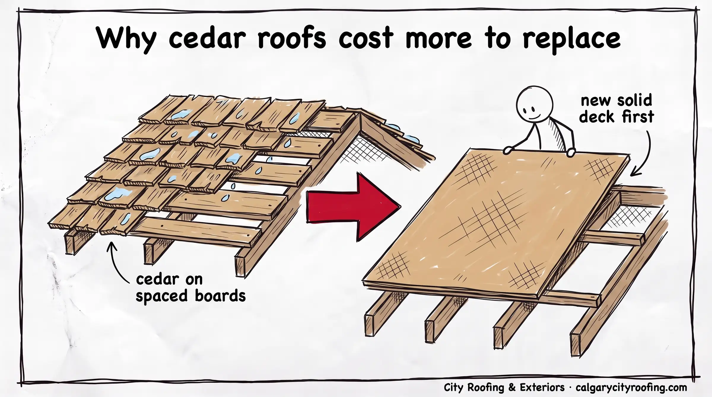 Doodle of cedar shakes on spaced boards next to a new solid plywood deck