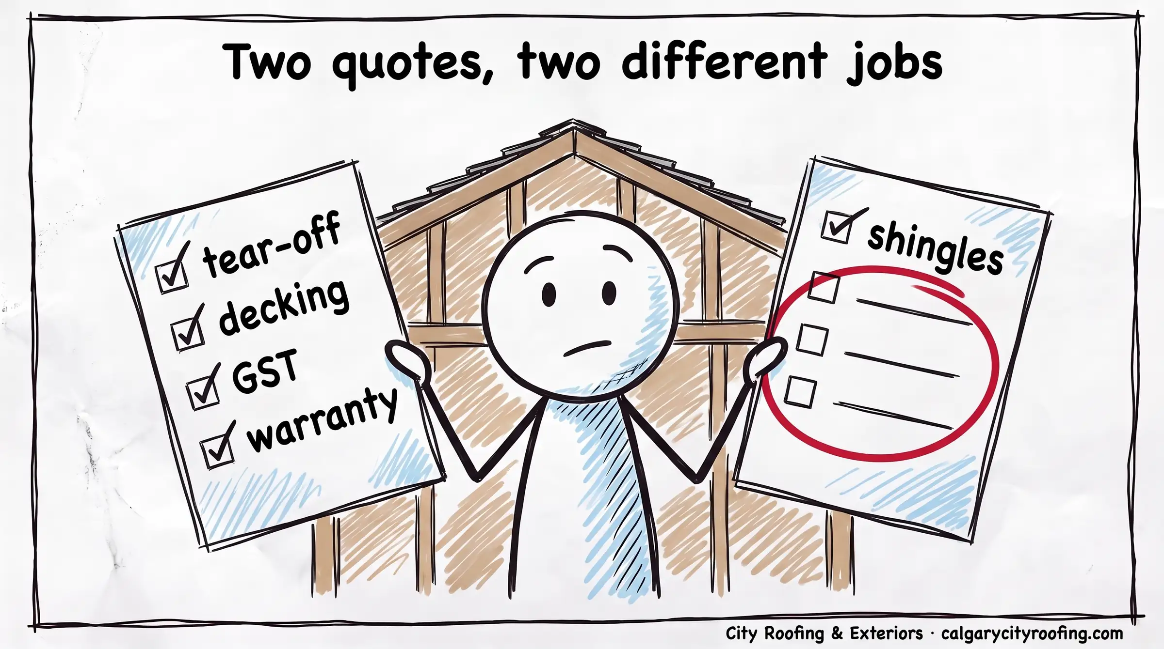 Stick figure holding a full roof quote and one missing tear-off, decking, GST and warranty