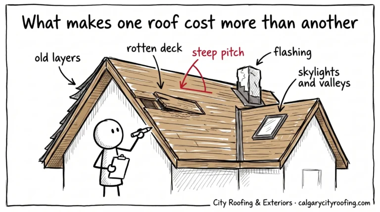 Stick figure roofer pointing at old layers, rotten deck, steep pitch, flashing and skylights