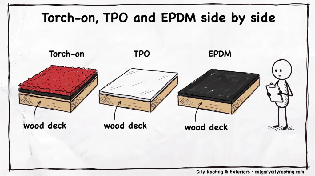 Doodle of three flat roof slices: two-ply torch-on, white TPO and black EPDM on wood decks