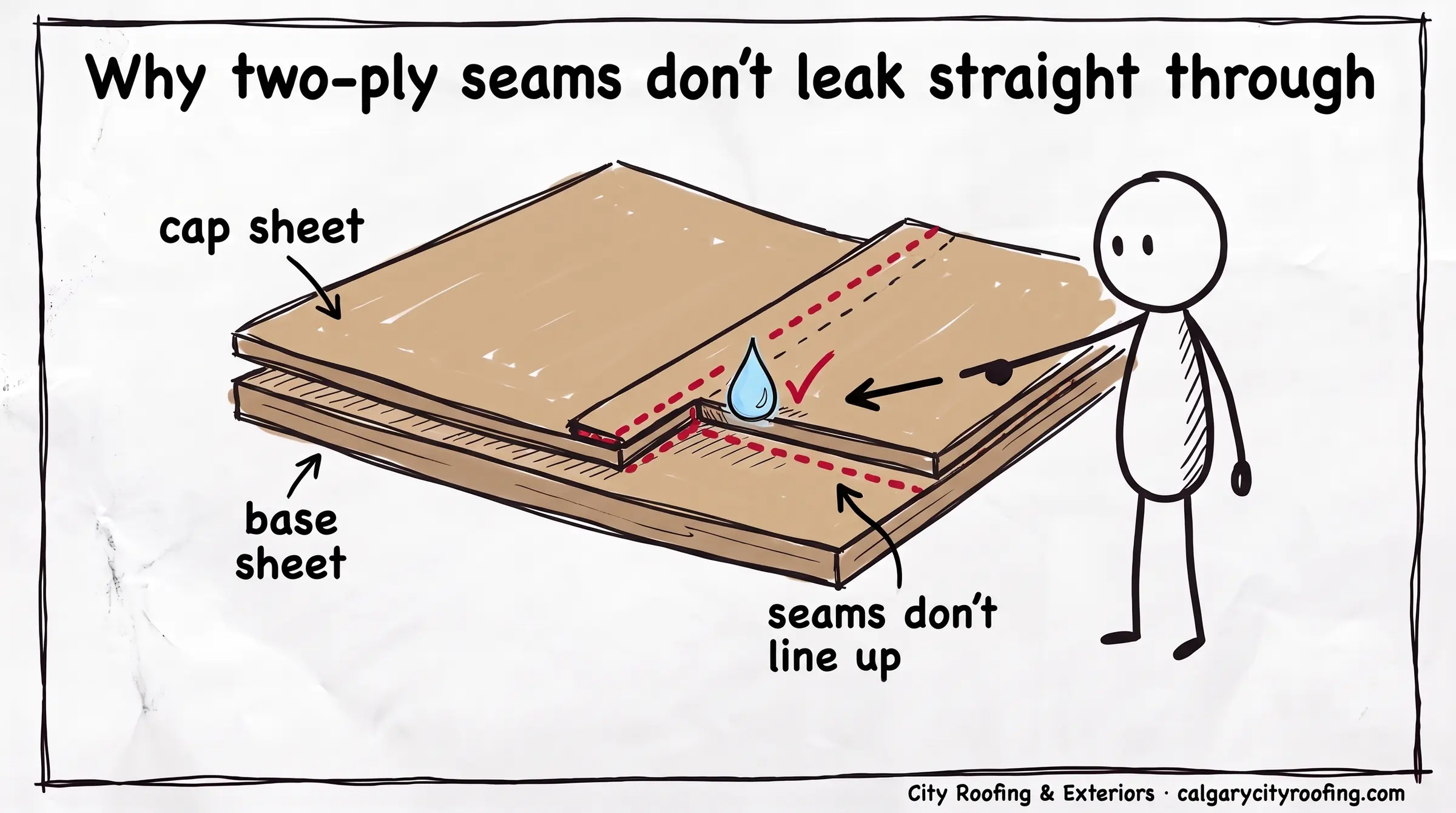 Doodle of two membrane layers with offset seams and a water drop stopped at the seam