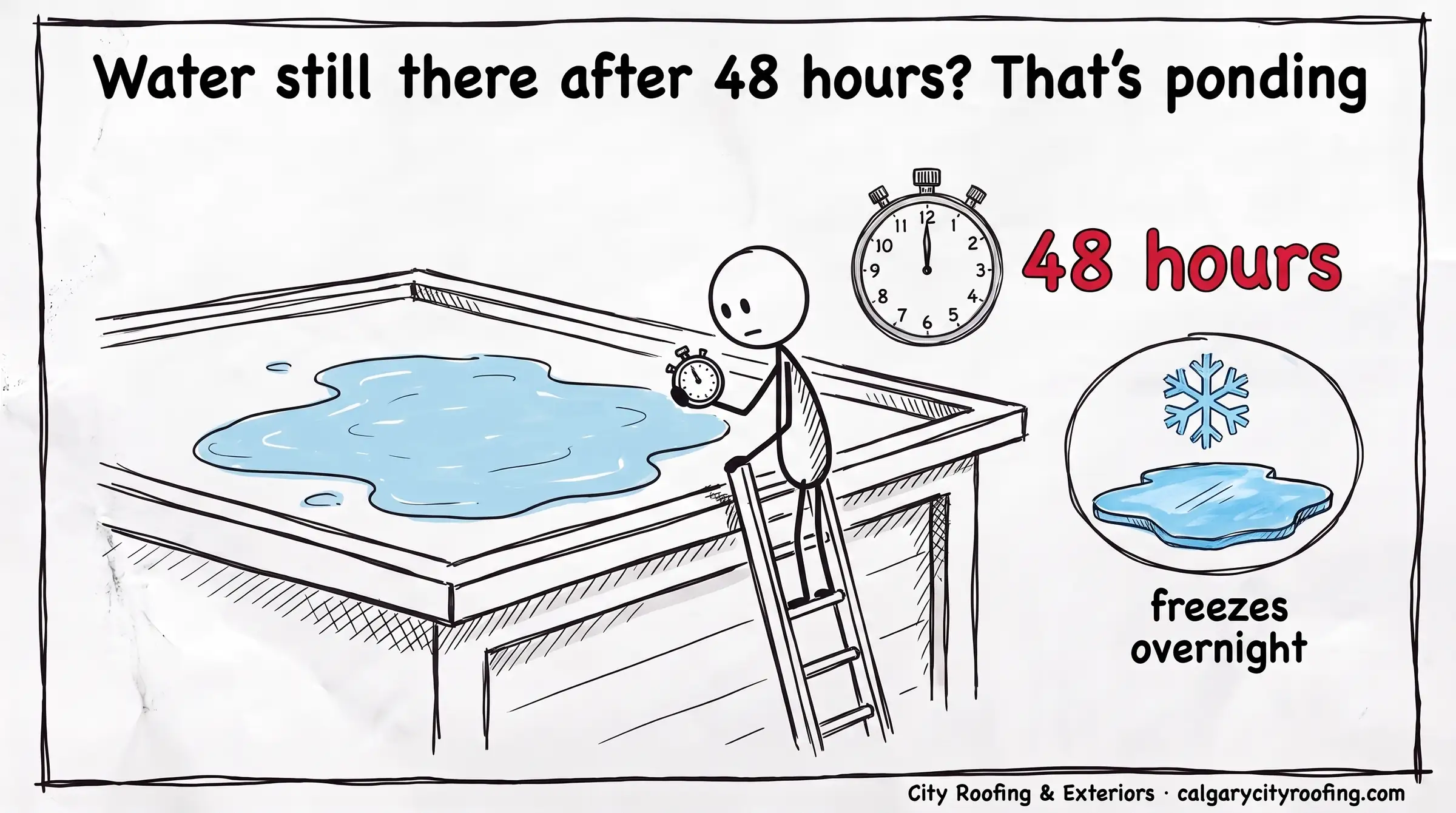 Stick figure timing a puddle on a flat garage roof, with an inset of it freezing overnight