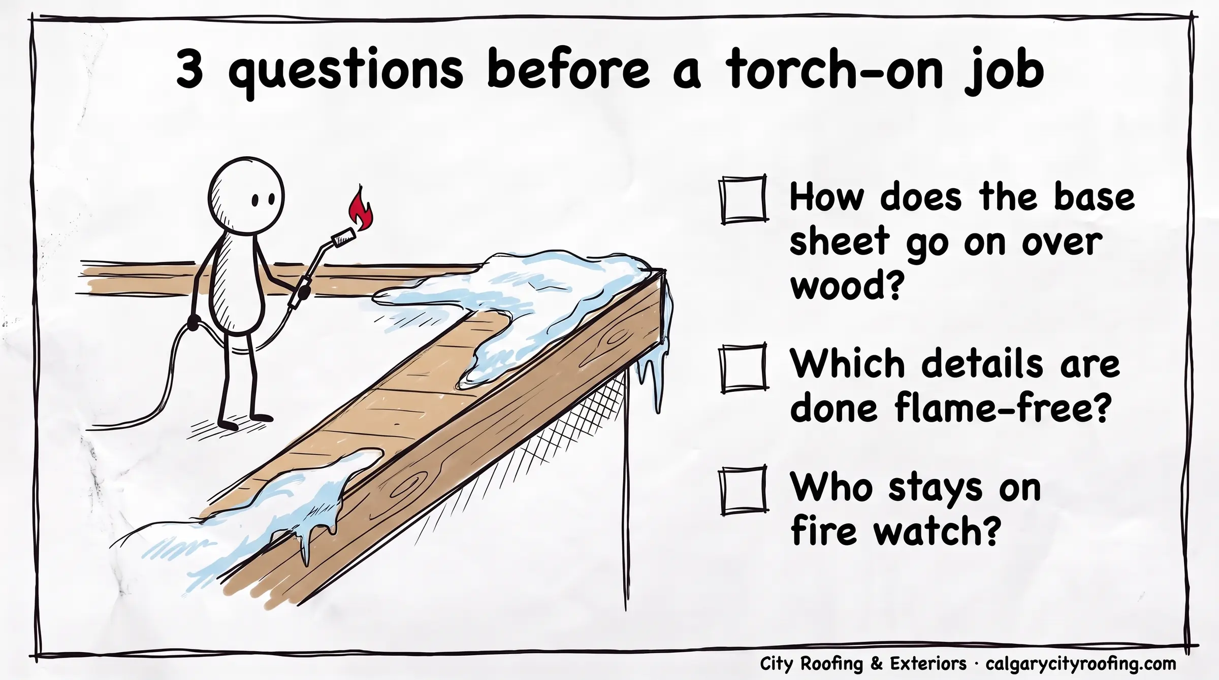 Stick figure roofer with a torch beside a checklist of three questions