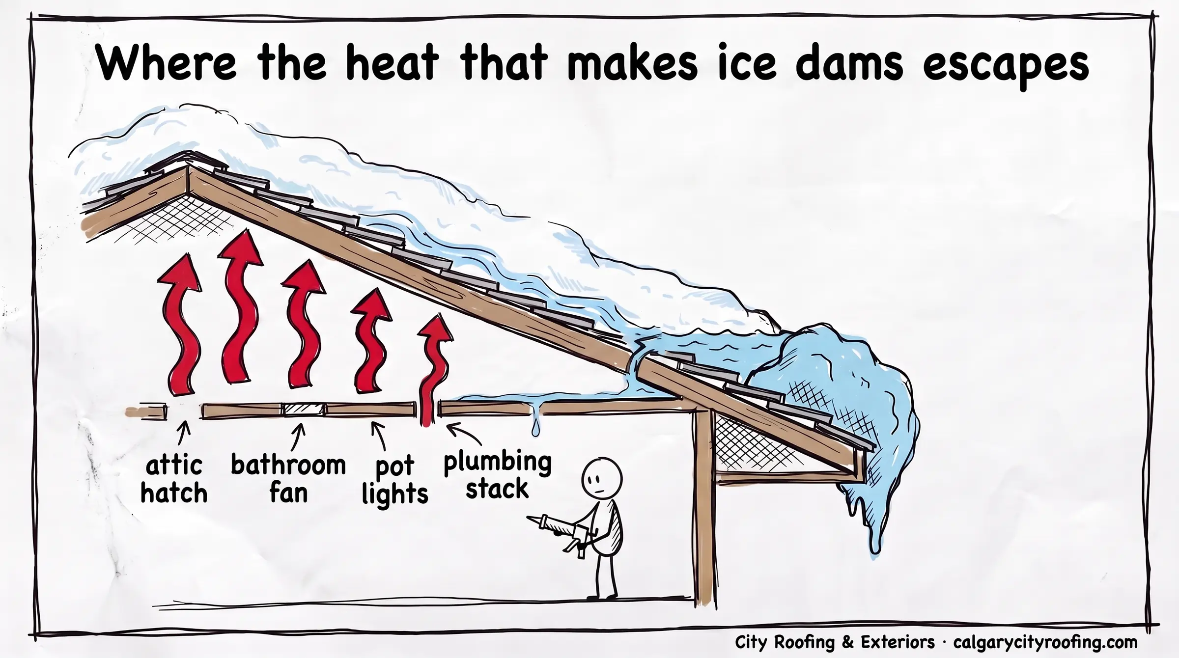 Doodle of warm air escaping through the attic hatch, bathroom fan, pot lights and plumbing stack