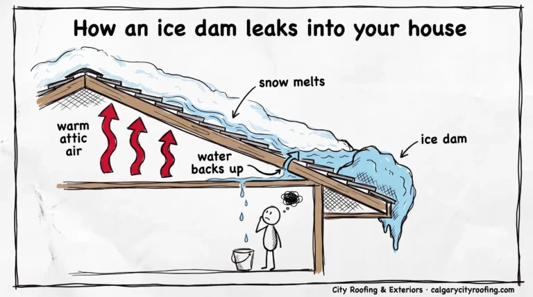 Cross-section doodle: warm attic air melts snow, water backs up behind an ice dam and drips inside