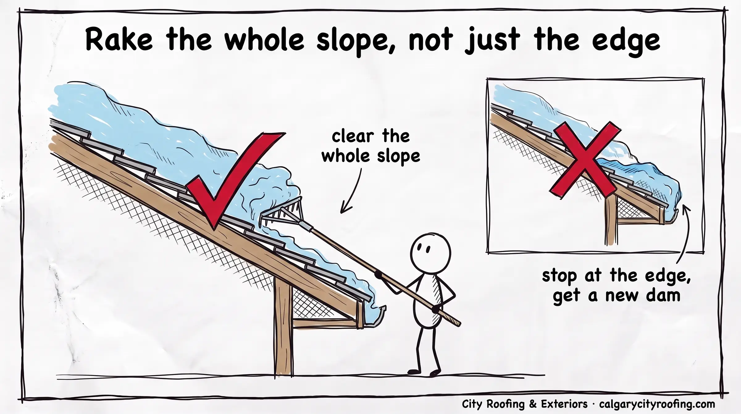Stick figure raking the whole roof slope, with an inset showing a new dam where raking stopped