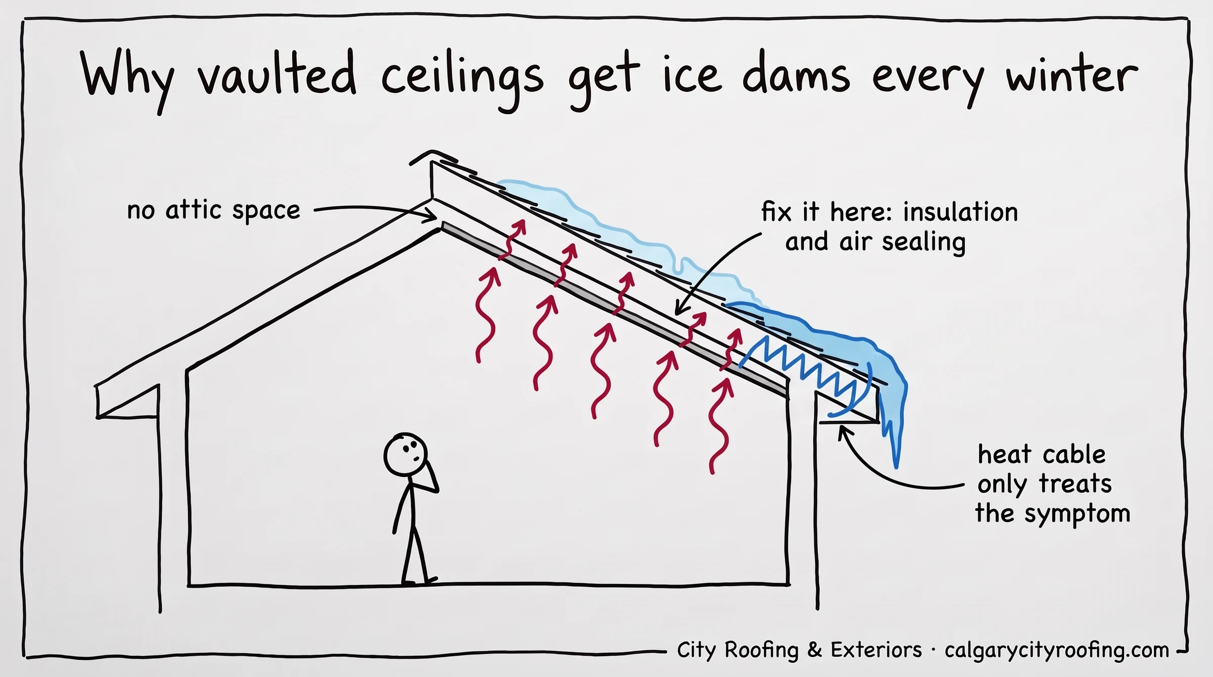 Cross-section doodle of a vaulted ceiling with heat going straight into the roof deck