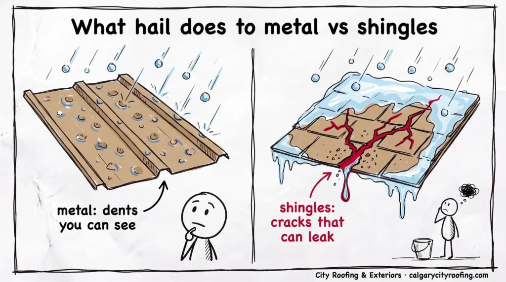 Doodle comparing hail dents on a metal panel with a cracked, leaking shingle