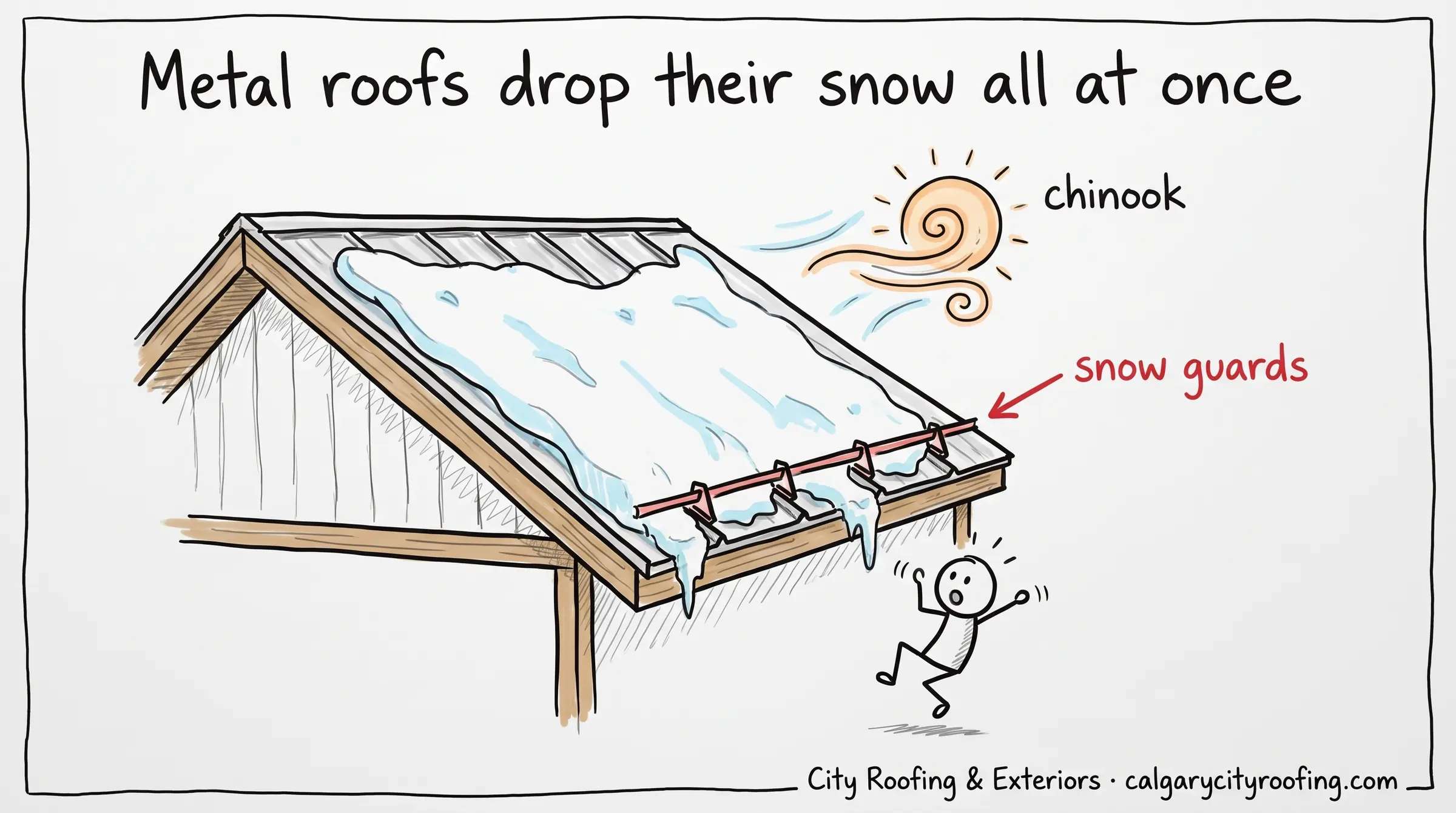 Doodle of snow sliding off a metal roof toward a stick figure, with snow guards labelled