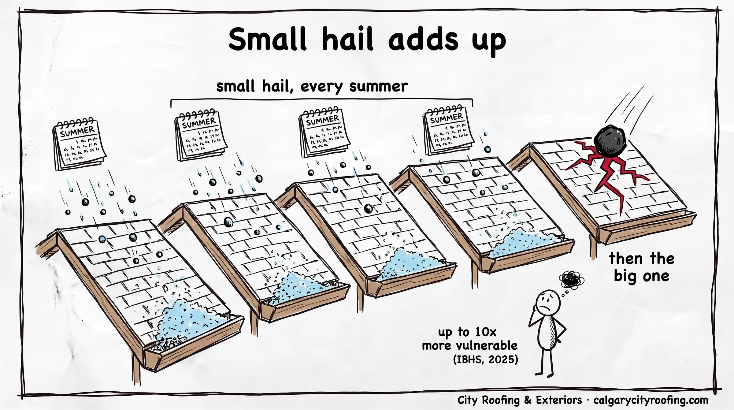 Roofs taking small hail every summer, then one big hailstone that cracks the shingles