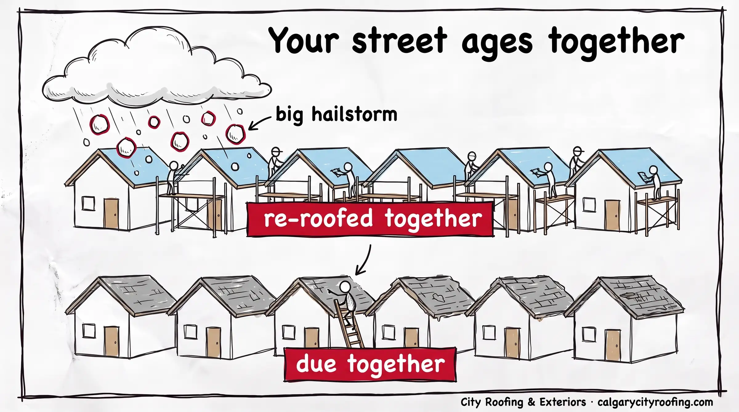 A street re-roofed after a hailstorm, then all the roofs due together years later