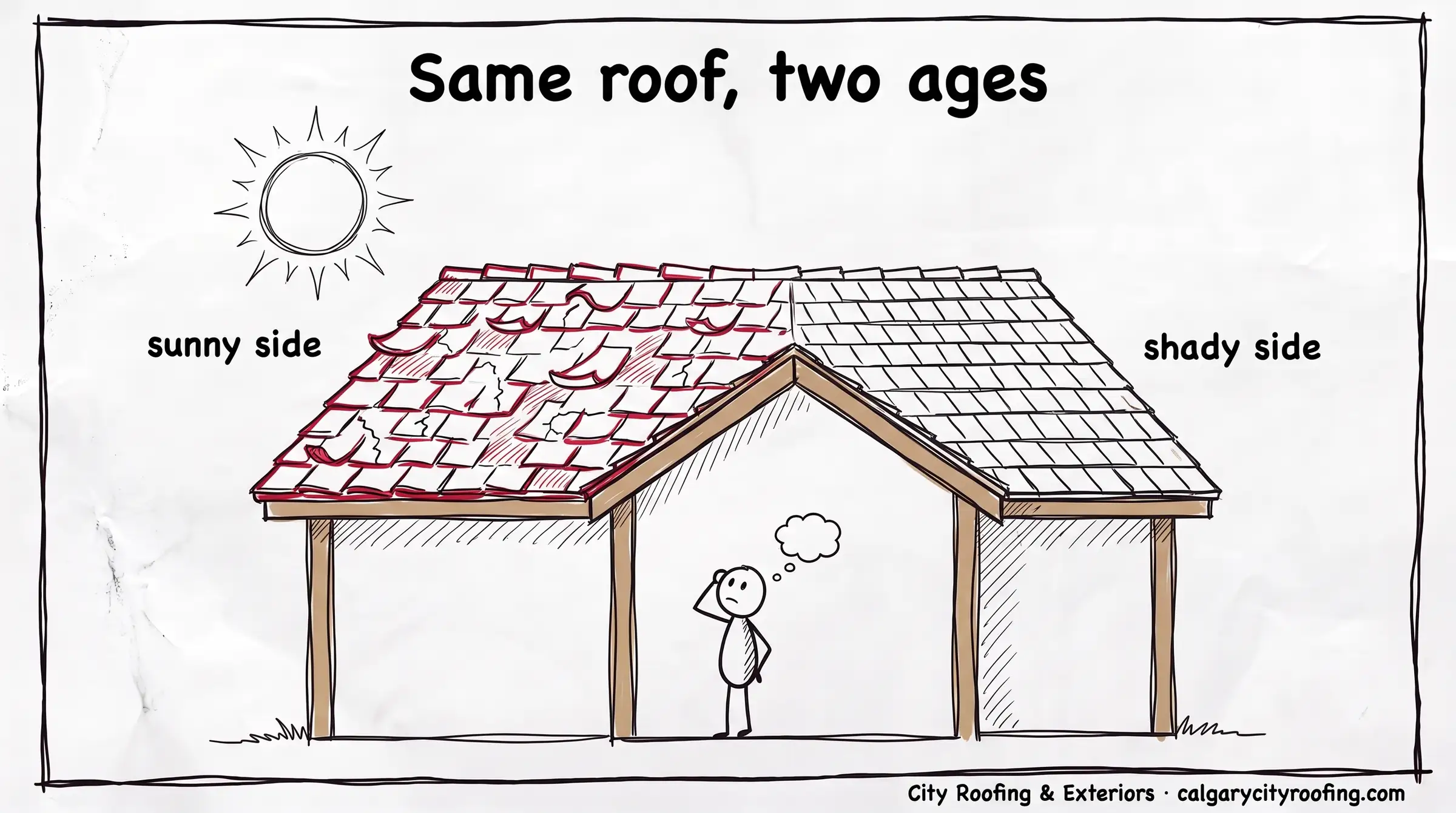 House with a worn, curled sunny slope and a neat shady slope