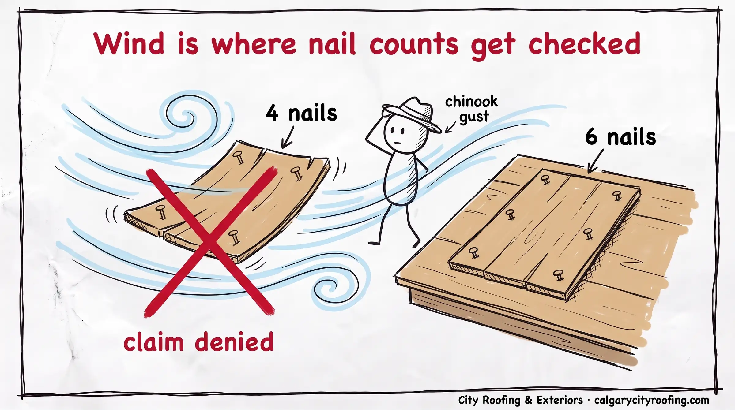 Doodle of a shingle with 4 nails blowing off in a chinook gust next to one with 6 nails