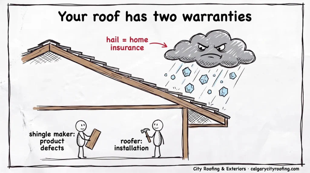 Doodle of a shingle maker and a roofer under a roof, with a hail cloud labelled home insurance