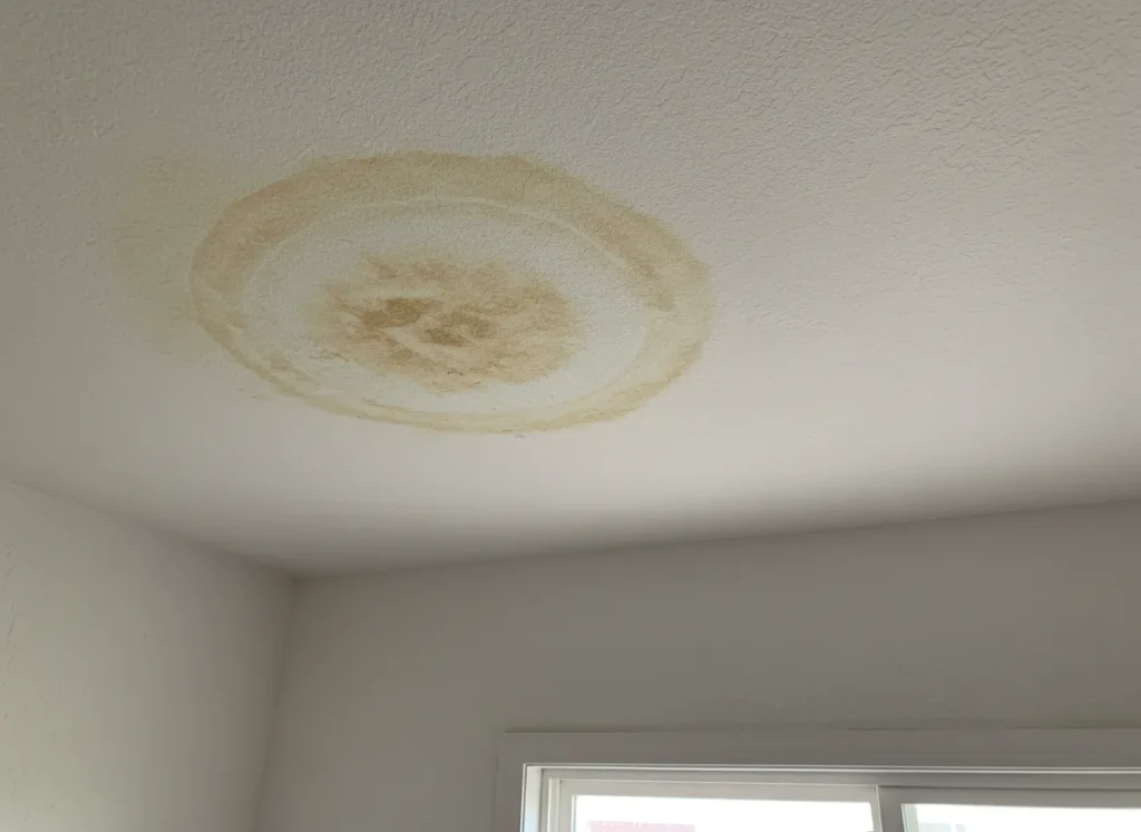 Brown water stain spreading on a white ceiling near a window, a sign of a roof leak (illustration)