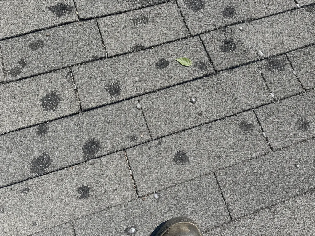 Hail bruises on grey asphalt shingles, with small hailstones and a roofer's boot at the edge (illustration)