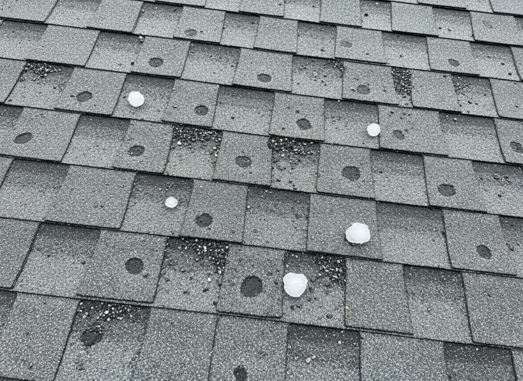 Close-up of asphalt shingles with round hail bruises, loose granules and hailstones (illustration)