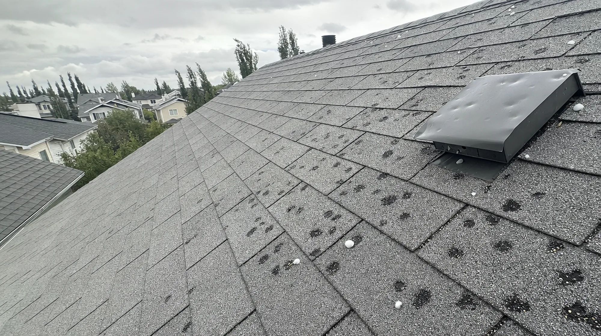 Hail-bruised shingles and a dented roof vent on a house roof, with neighbouring homes behind (illustration)