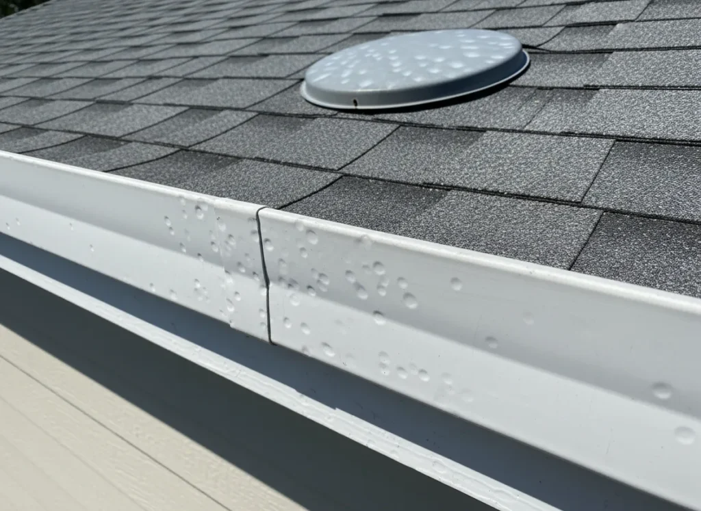 White eavestrough and a roof vent covered in shallow hail dents (illustration)