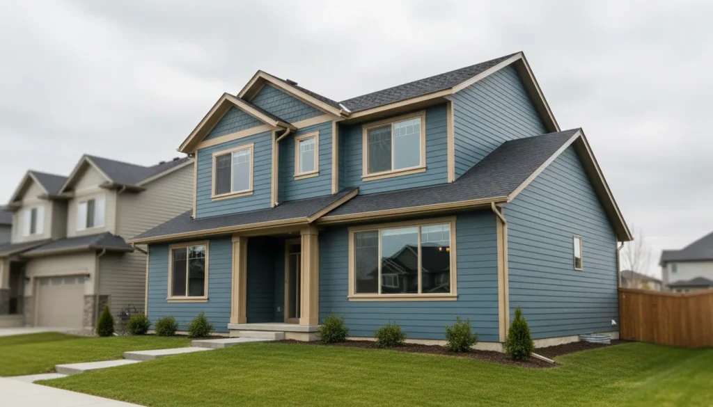 Two-storey house with blue-grey lap siding, tan trim and a dark shingle roof (illustration)