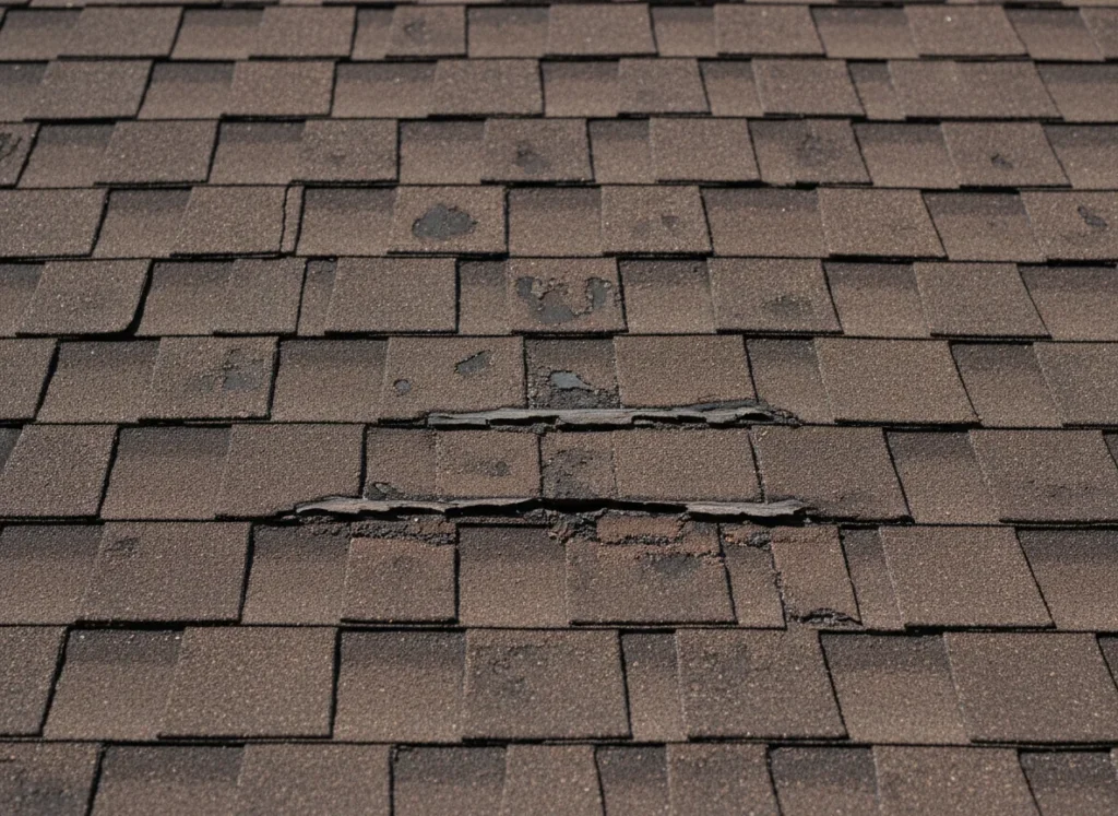 Close-up of worn asphalt shingles with cracks and bare patches where granules have worn off (illustration)